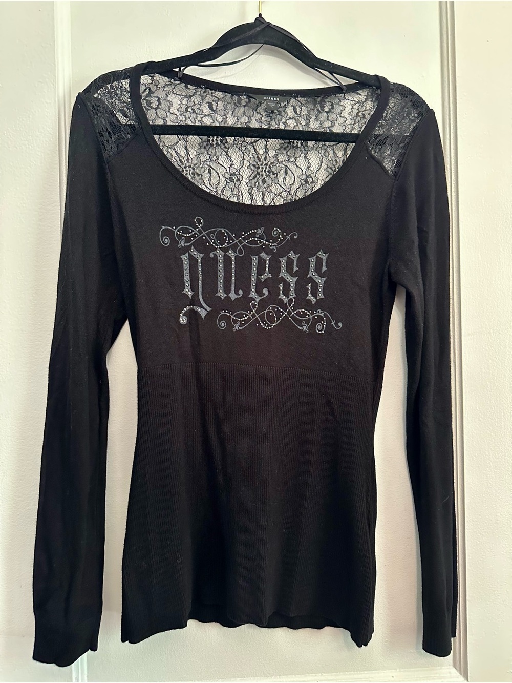 GUESS Lace-Back Lightweight Ribbed Sweater in Black & Silver (L)